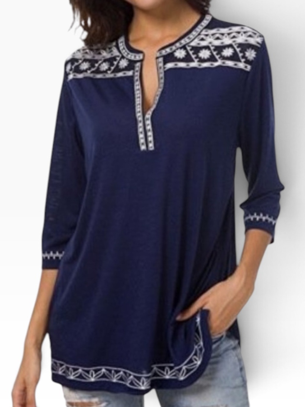 Urban Coco Navy Blue Tunic Top with White Embroidery Detail XL
